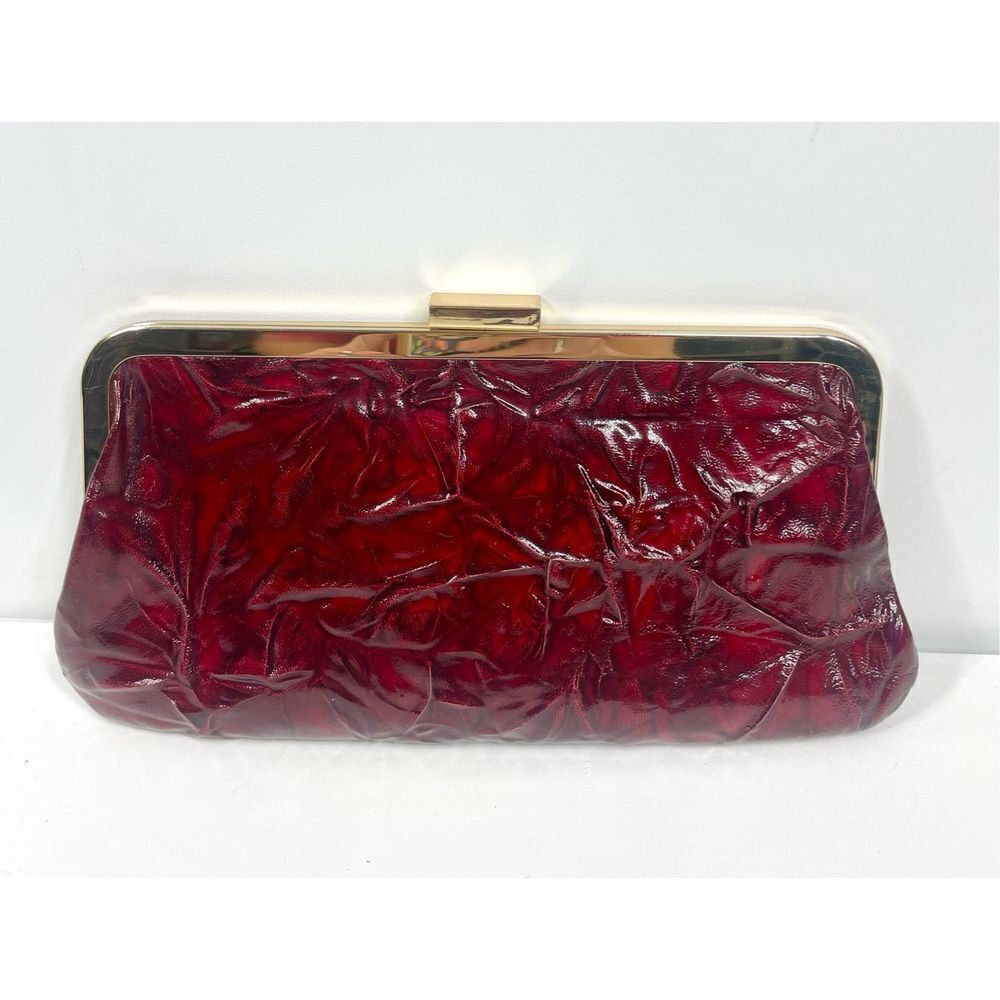Vintage HOBO International Crinkle Dark Red Glaze Leather Clutch Gold Clasp RARE